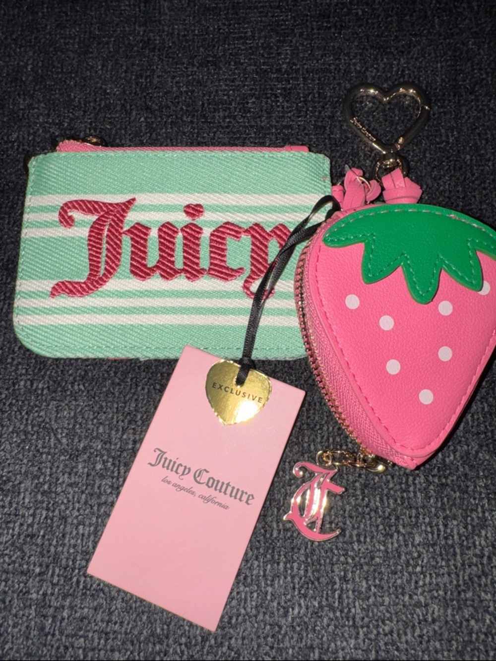 Juicy Couture Mint Stripe Wallet/Cardholder with Pink Strawberry Key Pouch